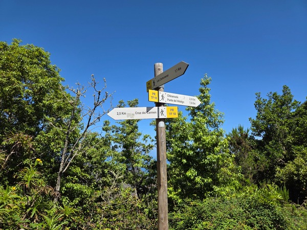 Final directional post near the upper forest pointing 2.5 km to Cruz del Carmen.