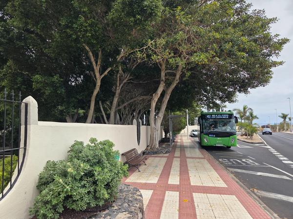 Titsa bus route 417 stopped on a well-maintained sidewalk near Adeje residential area.
