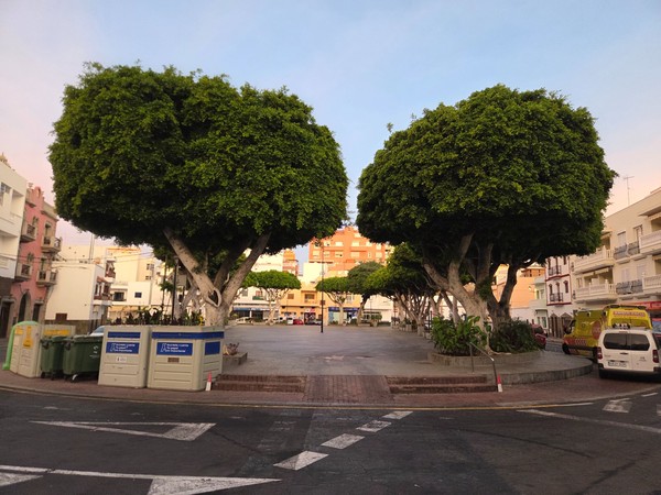 Open seafront park in Alcalá with red running track, palms and benches along a stone wall.