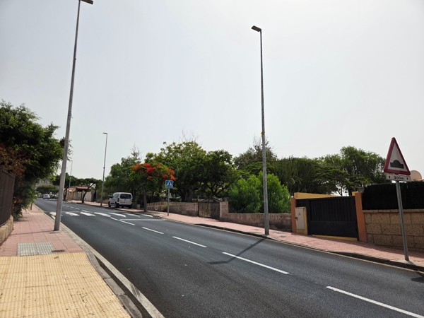 Gently sloping residential road in Aldea Blanca lined with trees and garden walls.