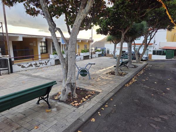 Small public park in Almáciga with benches, trees, and outdoor exercise equipment.