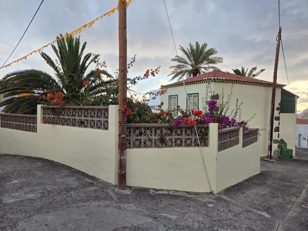 Traditional Canarian house surrounded by colorful bougainvillea and palm trees.