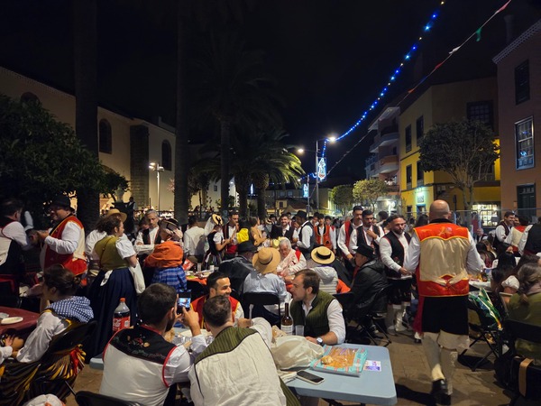 Large gathering beside palm trees with rows of tables and people in traditional vests and skirts enjoying the celebration.