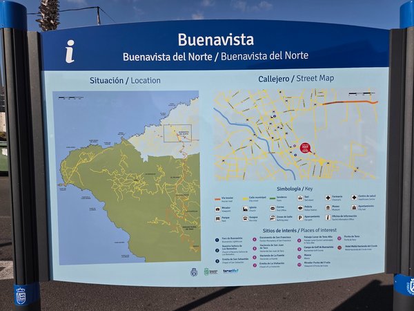 Tourist information board showing map of Buenavista and walking routes.