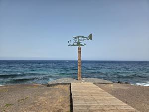 Metallic fish sculpture on seaside platform