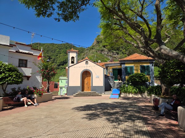 Main square of Las Carboneras with the village chapel and local meeting spaces.