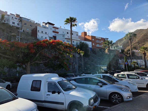 Houses on the hillside above the Los Charcos waterfront and parking.