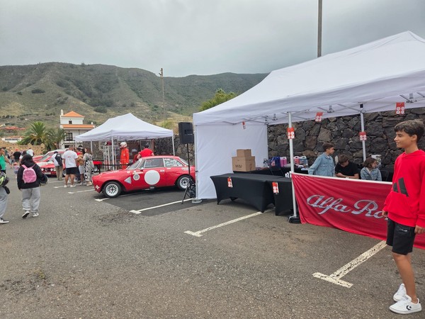 Row of classic cars including a red and a white Alfa Romeo coupe, with spectators discussing specs and restoration choices.