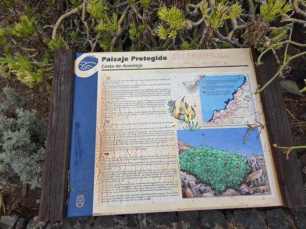 Information board for the Paisaje Protegido Costa de Acentejo marking protected status and trails.