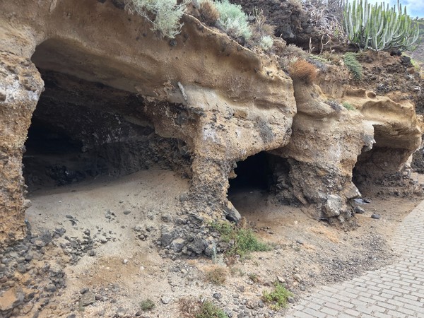 Small sea caves eroded in the soft tuff cliffs beside the promenade, with cacti above.