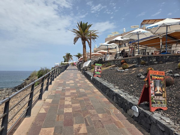 Oceanfront promenade in Costa Adeje lined with palm trees and cafés above volcanic rocks.