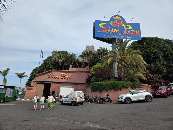 Entrance area and sign for Siam Park, Tenerife's famous water park.