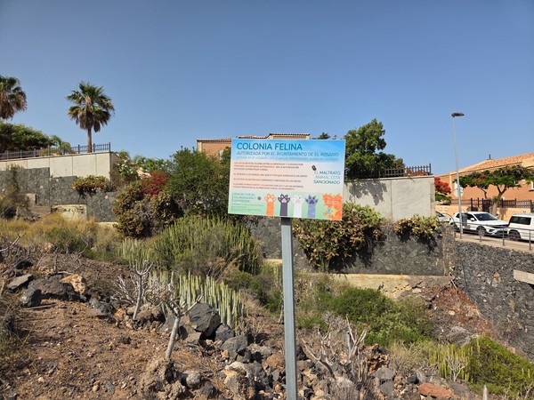 Official sign indicating an authorized feline colony on the hillside near Costanera.