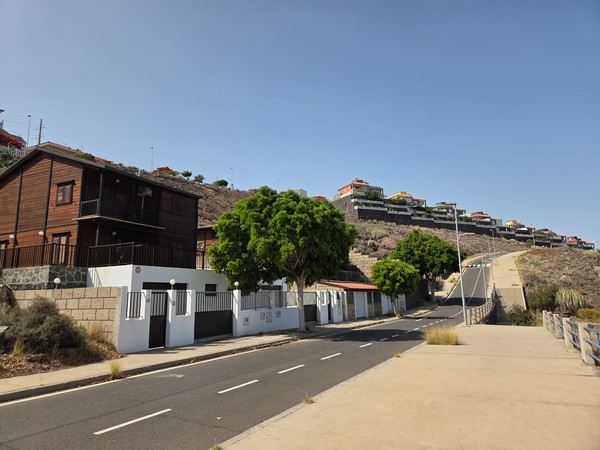 Lower street in Costanera with a wooden chalet-style house and green trees along the sidewalk.