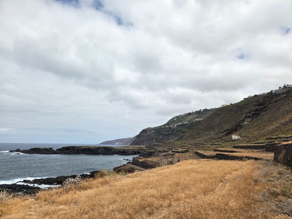 High lookout above black lava reefs with Atlantic swells rolling in along Costa El Sauzal.