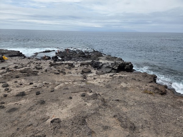 Wide view of the El Marquéz lava shoreline in Costa Adeje with the Atlantic Ocean stretching to the horizon.