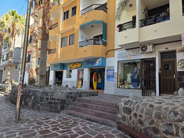 Row of surf stores—Picacho Surf, Shee and more—beneath towering palm trees on Paseo Nuestra Señora Mercedes.