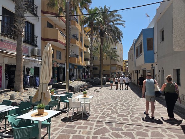 Palm-shaded shopping lane with outdoor café tables and boutiques on both sides.