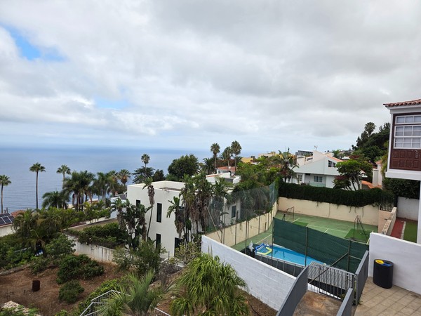 General view over Costa El Sauzal with gardens, palms and the Atlantic horizon.