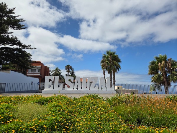 Large EL SAUZAL letters framed by palms and yellow wildflowers at a viewpoint terrace.