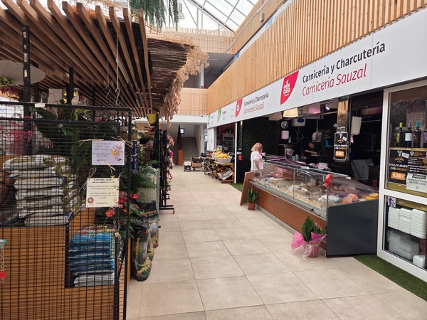 Interior aisle of the El Sauzal market with a butcher’s counter and plant stand.
