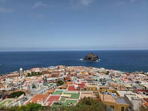 Panoramic view of Garachico town with the Atlantic Ocean and the Roque de Garachico islet.