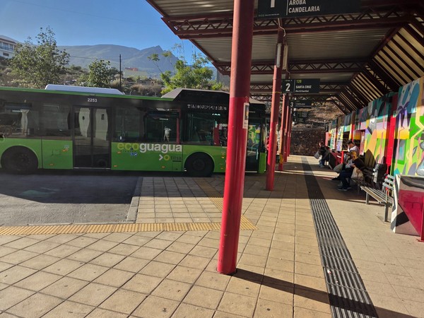 Green TITSA eco bus parked at the Güímar station with mountains visible in the background.