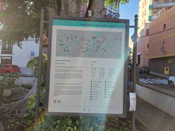 Tourist information board in Güímar showing a map of the cultural route and text in several languages.