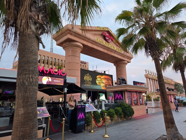 Grand entrance to Hard Rock Cafe Tenerife next to the Pirámide de Arona at Mare Nostrum Resort on the Golden Mile.