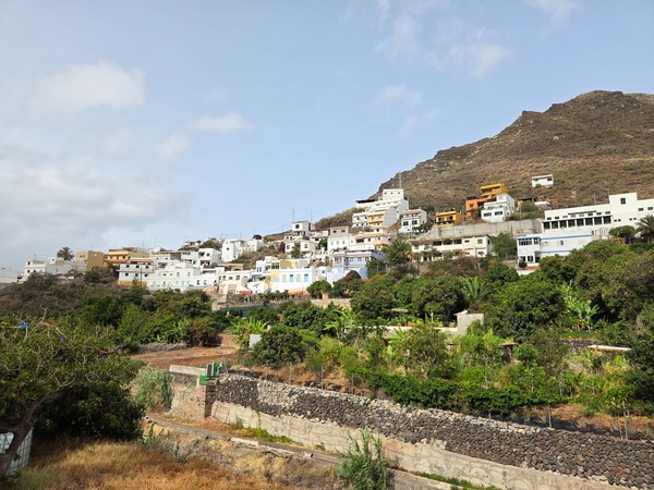 Hillside view of Igueste de San Andres with white houses stepped up the ravine and cultivated terraces.
