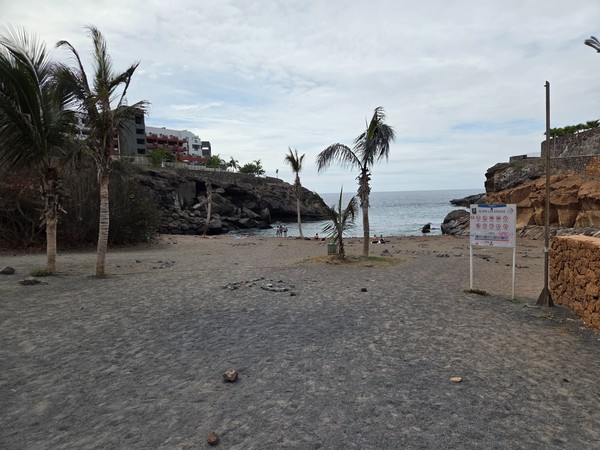 Oblique view of the cove showing the narrow shingle shoreline and ochre cliffs near Callao Salvaje.