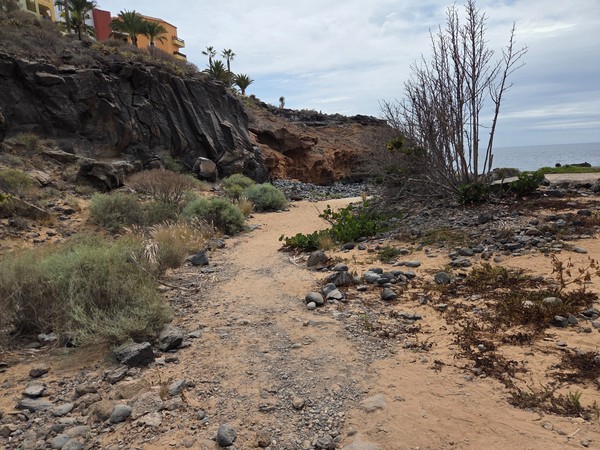 Close-up of rounded lava rocks and boulders on the shoreline of Playa Las Salinas with small waves.