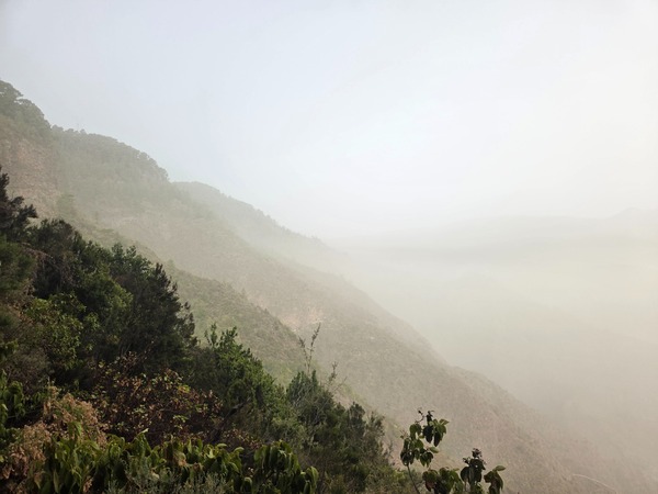 Misty mountain ridges of the Güímar highlands veiled by dust haze.