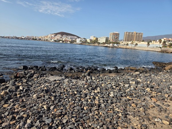 Close-up view of the stony beach at Playa de Los Tarajales with rounded black and brown volcanic rocks meeting the clear Atlantic water.