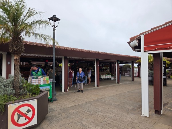 Open-air aisles with numbered farm stands selling seasonal produce at Mercadillo de Tegueste.