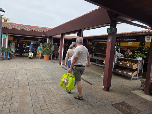 Shoppers walking past organic and ecological farm stands with baskets and boxes.