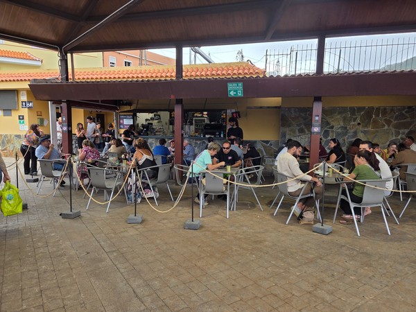 Terrace café inside the market where visitors sit for coffee and snacks.
