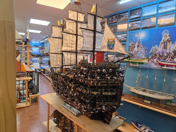 Large galleon model with sails and rows of cannons at the Fisherman’s Museum in Puerto de la Cruz, Tenerife.