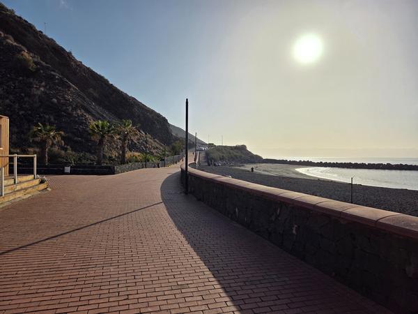 Paved coastal walkway along Playa de La Nea with sunrise light and palm trees lining the path.