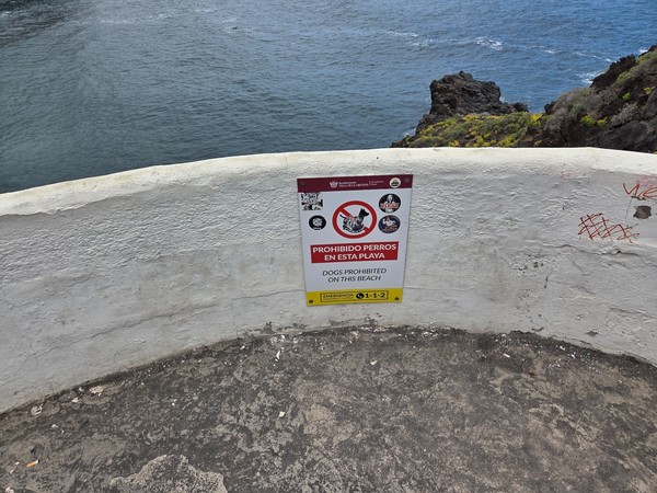 Bilingual notice on the cliff wall stating that dogs are prohibited on this beach.