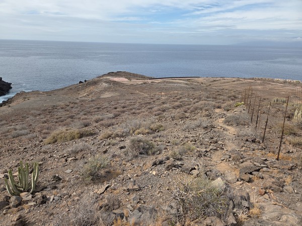 Stony track leading down to Playa de Ricasa bordered by arid vegetation and volcanic rock.