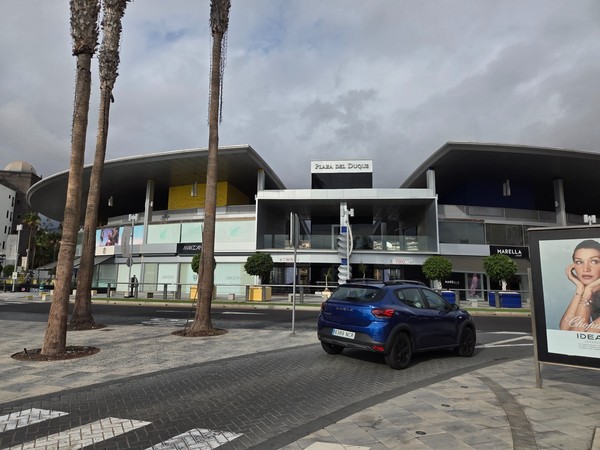 Exterior view of Plaza del Duque from Avenida de Bruselas in Costa Adeje, with palm trees and the curved roofline.
