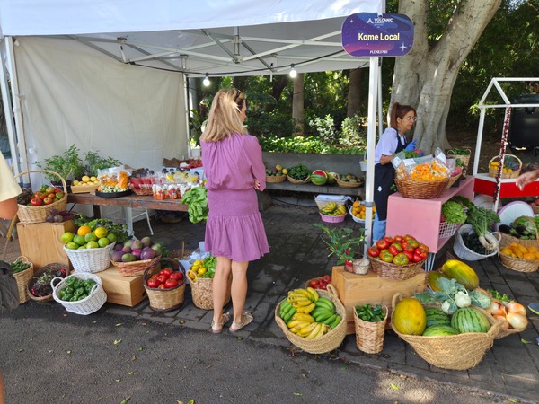 Kome Local produce stand selling Canarian bananas, tomatoes, papayas and greens. Taken at Plenilunio 2025 in García Sanabria Park, Santa Cruz de Tenerife.