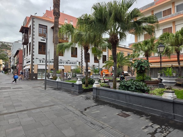 Small plaza with palms and the Tenerife Gift Market building in Puerto de la Cruz.