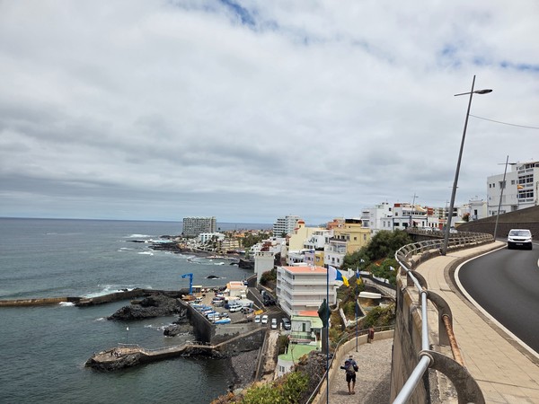 Clifftop view over the harbor, breakwaters and waterfront of Punta del Hidalgo.