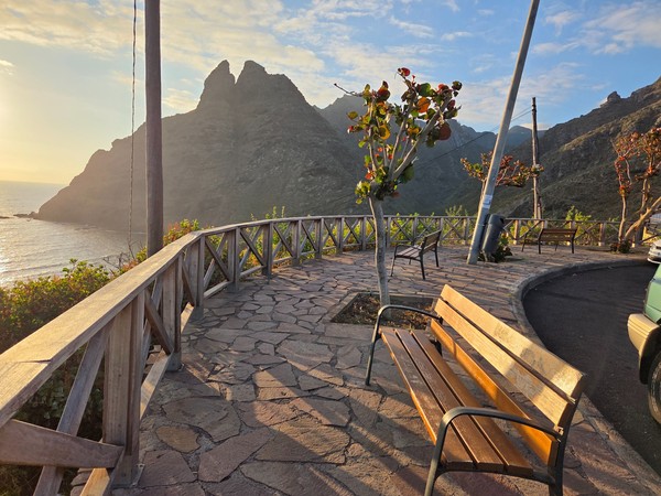 Mirador with benches overlooking the Anaga cliffs and ocean at Punta del Hidalgo.