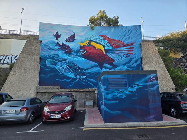 Vivid mural of ocean creatures painted under a bridge in Radazul Bajo.