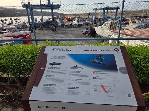 Cetacean watching sign at Playa de San Juan with map of the marine conservation area.