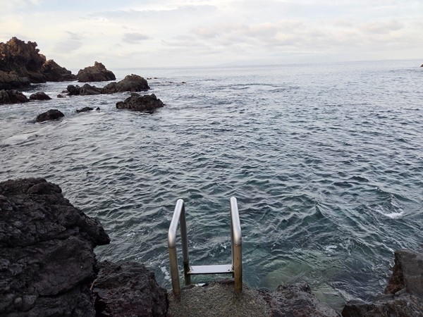Metal ladder set into volcanic rock providing direct water access for swimmers at Playa San Juan.