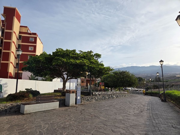 Boardwalk section of the Playa San Juan promenade lined with palm trees and cafés.